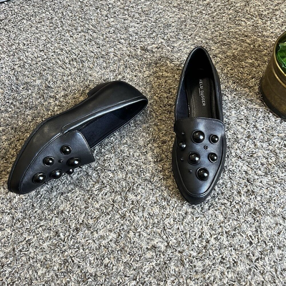 KELSI DAGGER BROOKLYN Women's Octave Loafer Pointed Black Leather Bejeweled 8